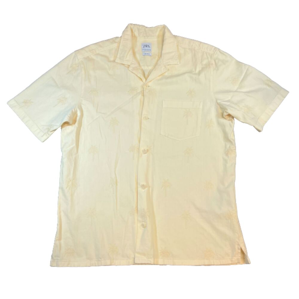 ZARA Relaxed Fit Palm Tree Embroidered Mens Camp Shirt Pale Yellow Size Large